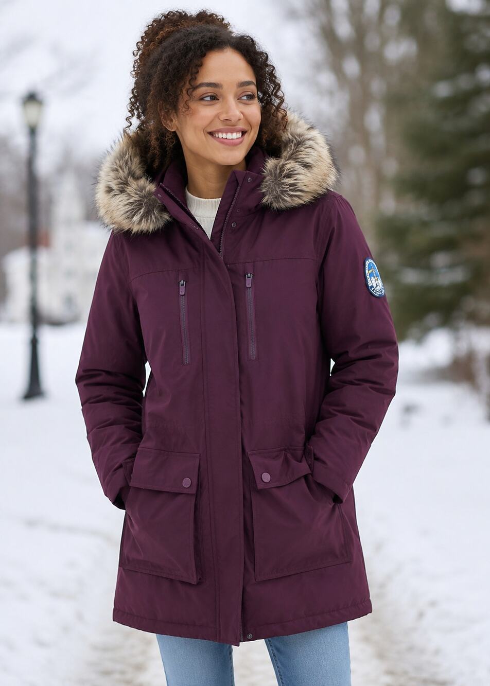 Lands’ End Expedition Down Parka Coat Plum Faux Fur Hood Women’s M 10-12